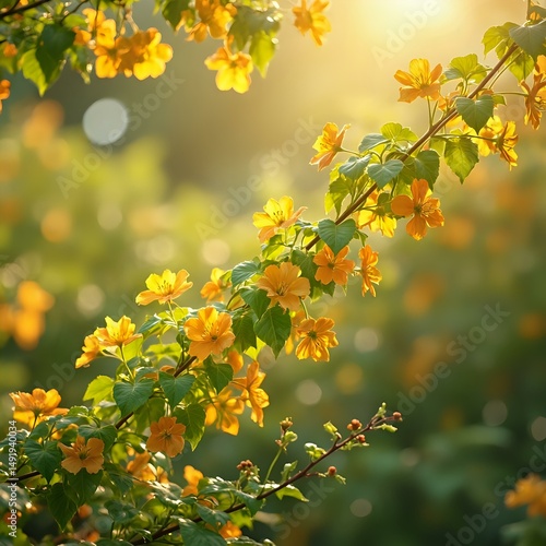 The image captures a field of lush, green plants with water droplets glistening on their leaves, set against a backdrop of a sunlit sky.