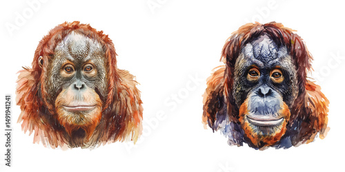 orangutan head watercolor vector illustration