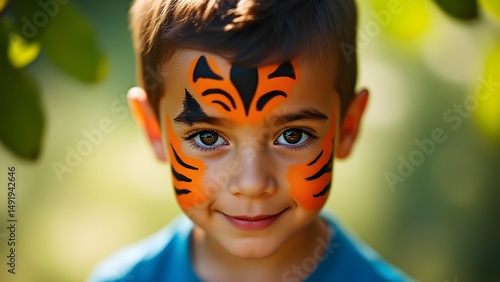 Cute Boy with Tiger Face Paint Outdoor Portrait