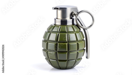 Studio shot of a green hand grenade on a white background showing detailed texture and metallic elements