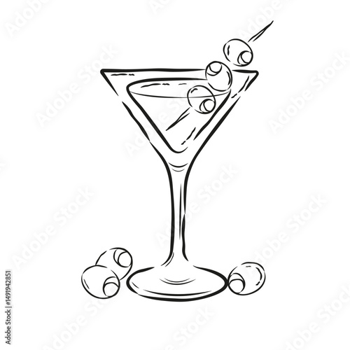 Dirty Martini Cocktail Drink Sketch Vector Illustration Isolated on white Background. Doodle Drawing Martini with Olive Perfect for Menu, Restaurant, Banner, Poster, Party, Festival, Bar, Drink Recipe