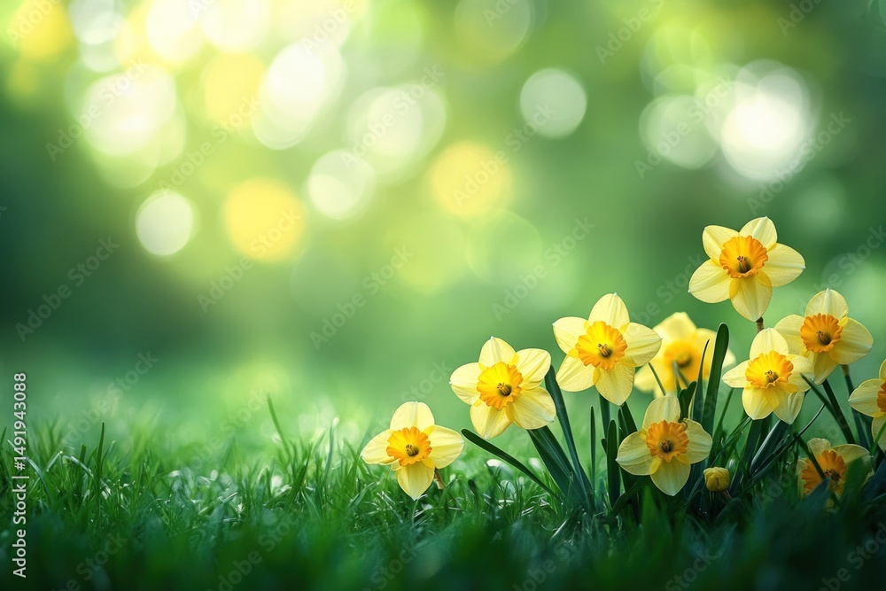 Yellow daffodils in a grassy field, bathed in sunlight Yellow daffodils in a grassy field, bathed in sunlight
