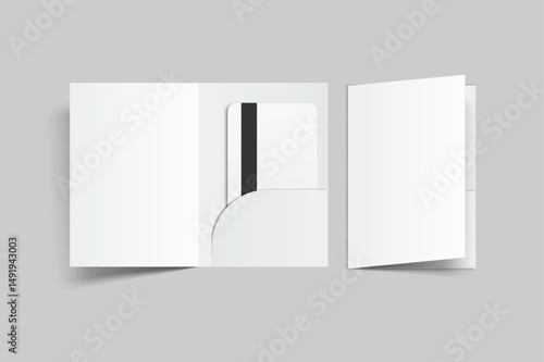 3D Realistic plastic credit card and pocket folder, open leaflet, bifold mockup isolated on background. Blank template design for online business and finance, technology payment, digital pay concept.
