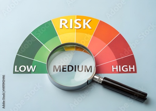 Magnifying Glass Over Risk Gauge Showing Medium Level on Blue Background