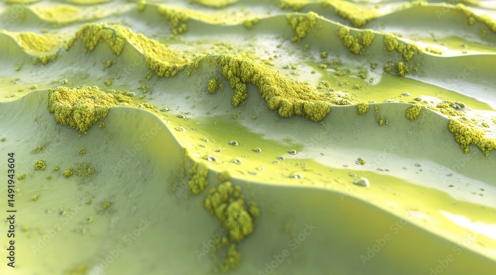 Abstract landscape of undulating, textured terrain with golden clusters Abstract landscape of undulating, textured terrain with golden clusters