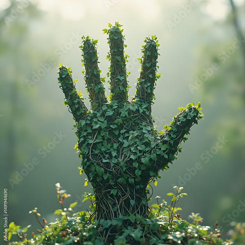 A digital illustration of a hand-shaped bush covered in vines, with green leaves emerging from the vines, set against a blurred natural background.