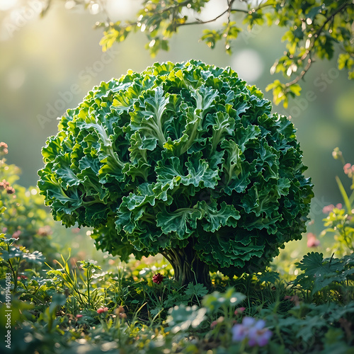 A dense, leafy tree with a vibrant green canopy is surrounded by a lush garden filled with various plants and flowers, with sunlight filtering through the foliage.