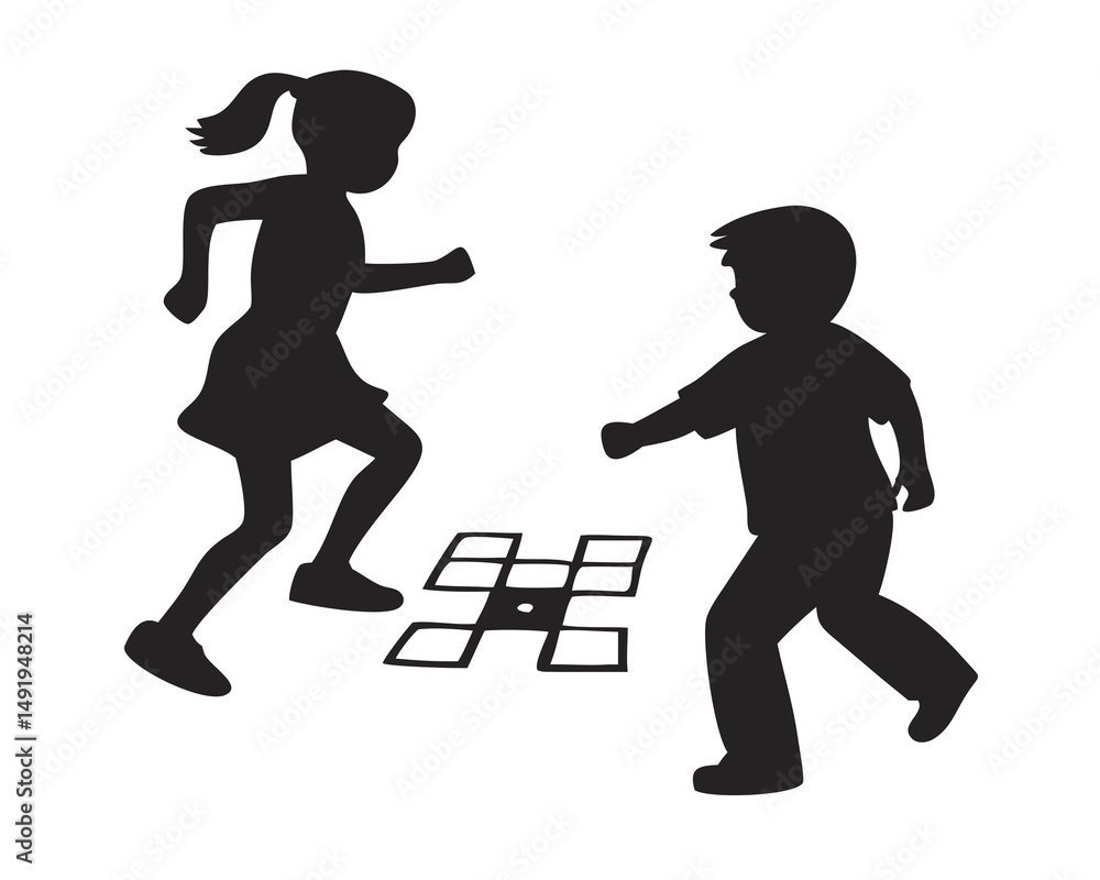 Fototapeta premium Silhouette of Children Playing Hopscotch, Classic Playground Game Silhouette, Transparent Background