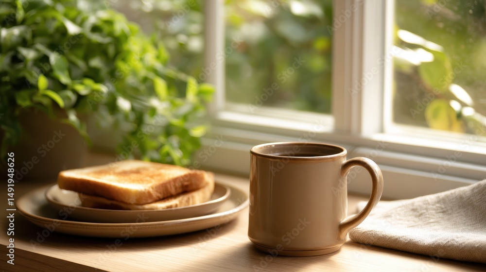 Morning scene with toast and coffee cup on a wooden table near a sunny window with greenery Morning scene with toast and coffee cup on a wooden table near a sunny window with greenery