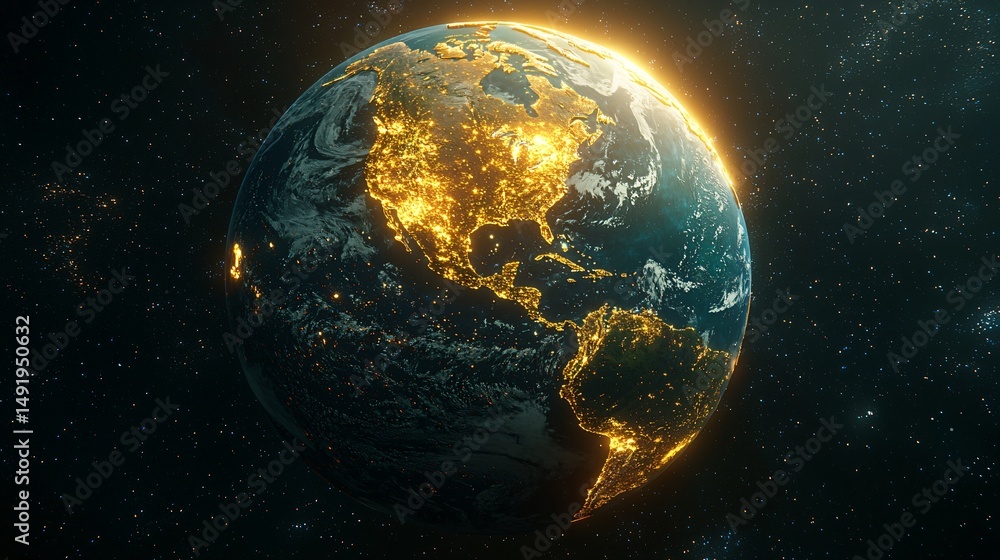 Obraz premium A breathtaking view from space shows Earth at night, with city lights illuminating North America, creating a stunning visual representation of civilization.