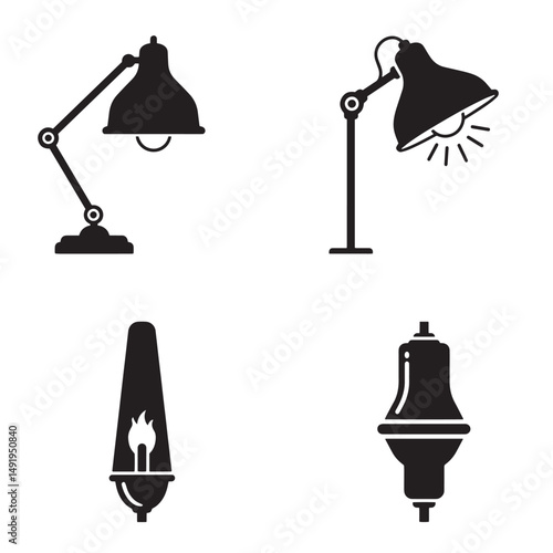 Set of four black silhouette light fixtures including table lamp lantern and ceiling lamp designs