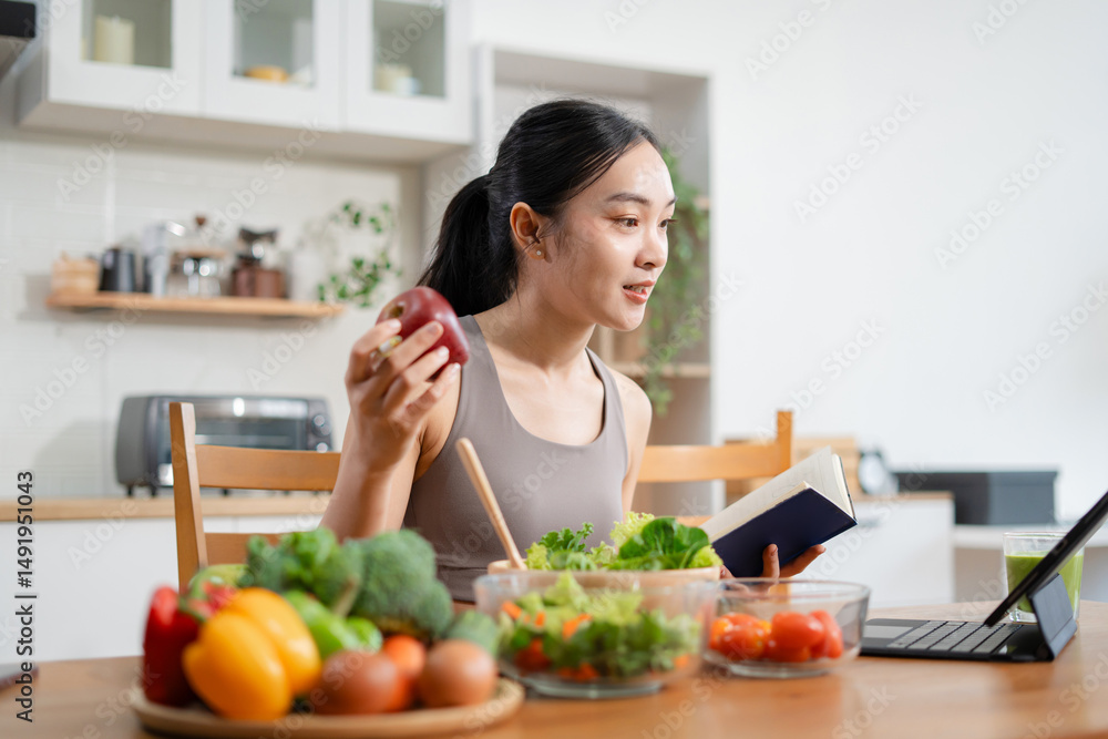 Fit woman enjoys healthy fresh vegetables and fruits breakfast sitting in the kitchen. Fit woman enjoys healthy fresh vegetables and fruits breakfast sitting in the kitchen.