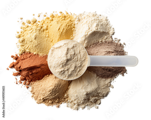 Assortment of Protein Powders with Measuring Scoop, PNG