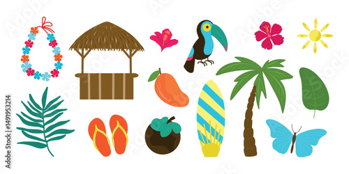 Tropical beach set, Tropical objects collection. Lei necklace, beach bar, toucan, flower, sun, palm tree, leaf, mangosteen, butterfly, flip flops, mango, flower.