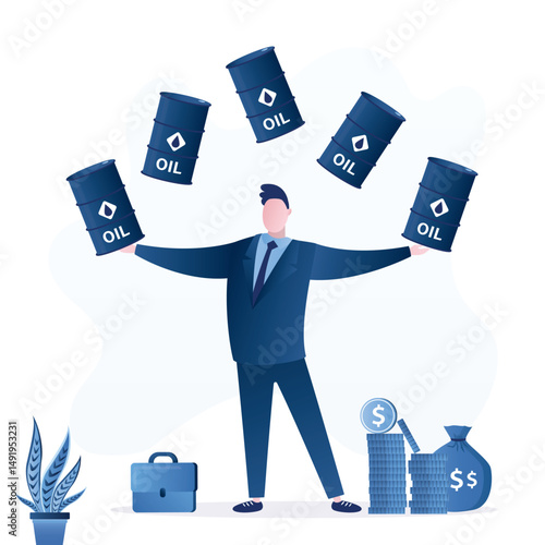 Businessman juggles oil barrels. High demand or energy or gasoline industry concept. Commodity market, petroleum speculation. Successful trader investor juggling oil gallons.