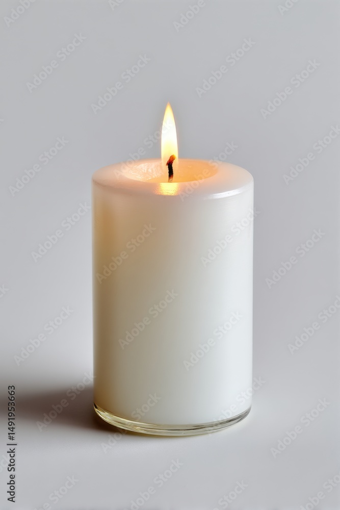 Lit white candle flame glowing on neutral background studio shot simple elegant minimalist design for home decor and relaxation Lit white candle flame glowing on neutral background studio shot simple elegant minimalist design for home decor and relaxation