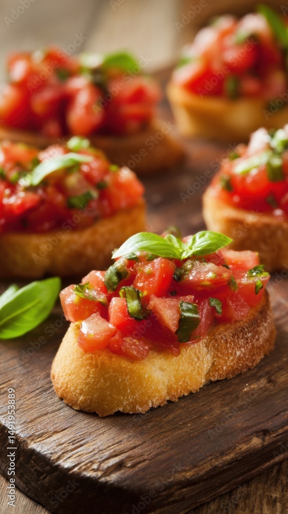 Bruschetta Appetizer Close-Up on Wooden Board, Italian Cuisine, Rustic Style, Fresh Tomatoes and Basil, Summer Food Bruschetta Appetizer Close-Up on Wooden Board, Italian Cuisine, Rustic Style, Fresh Tomatoes and Basil, Summer Food