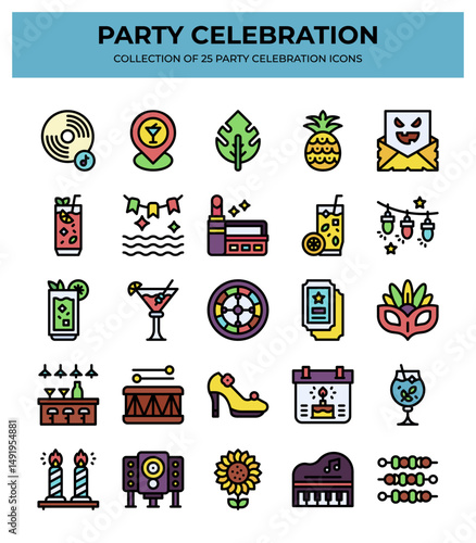 25 Party Celebration Icons. Fun Event. Festival. Holiday. Summer. Cocktail. Music. Dance
