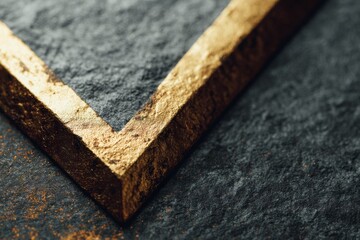 Close-up view of a dark stone surface with a gold-edged frame.