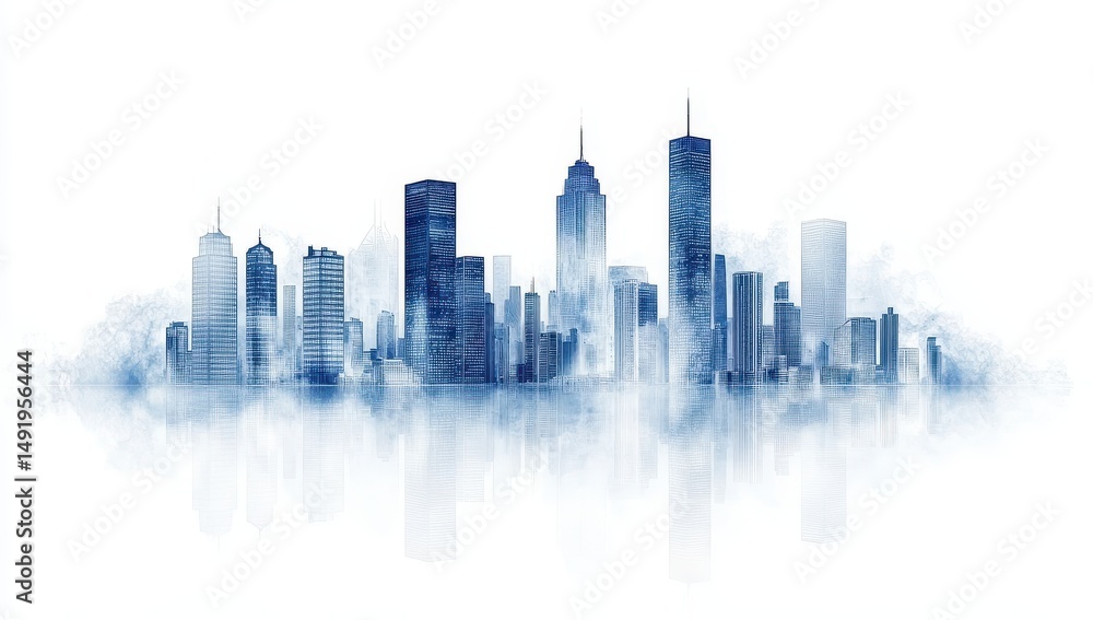 Naklejka premium City skyline, misty, blue tones, urban