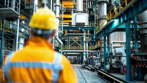 Worker inspects machinery in large industrial facility during daytime shift