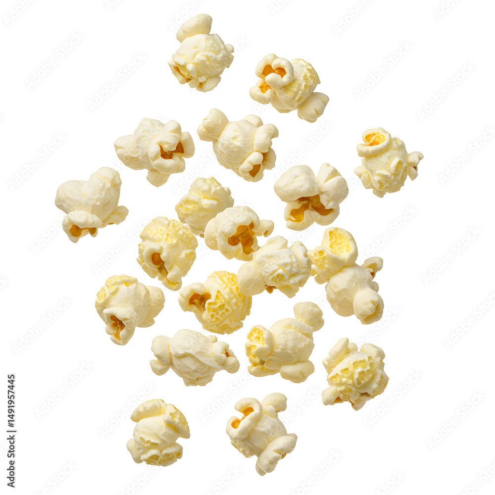 Fototapeta premium Buttery Popcorn Kernels Floating on Transparent Background