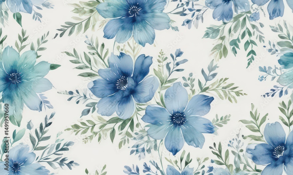 Fototapeta premium Creamy white background with delicate blue and green watercolor floral pattern , blue, leaf