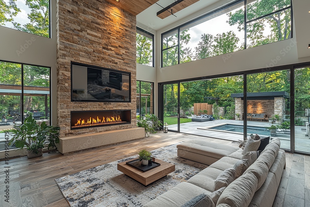 Modern living room with fireplace, rustic stone wall, wood floor, high ceilings, large windows, glass door, sofa, TV, art piece, and black steel beam ceiling detail Modern living room with fireplace, rustic stone wall, wood floor, high ceilings, large windows, glass door, sofa, TV, art piece, and black steel beam ceiling detail