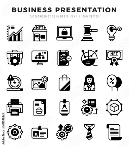 Set of 25 Business Presentation Lineal Filled Icons Pack.