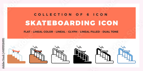 Skateboarding Icon Set. Flat. Lineal. Glyph Styles