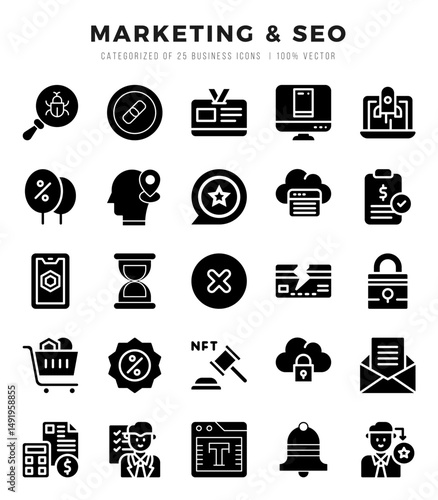Marketing & SEO Glyph icons collection. Glyph icons pack. Vector illustration