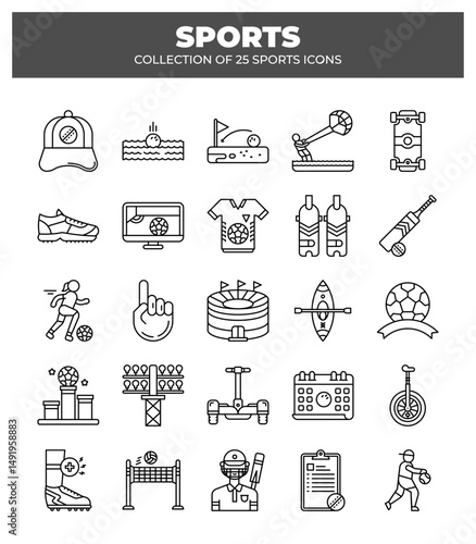Collection of 25 Sports Icons. Sport Equipment. Game. and Championship