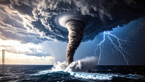 Epic Waterspout Tornado with Lightning Strikes over Ocean