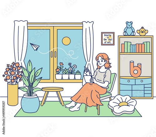 椅子に座ってタブレットを持っている女性のカラーイラスト