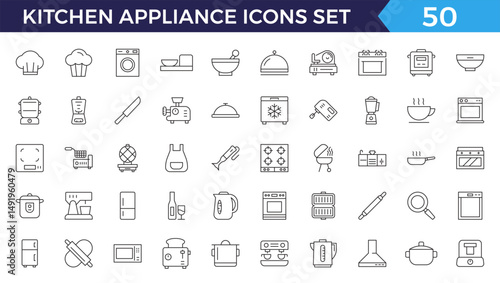 Kitchen appliance line web icon. Oven, mixer, dishwasher, food processor, vector illustrations