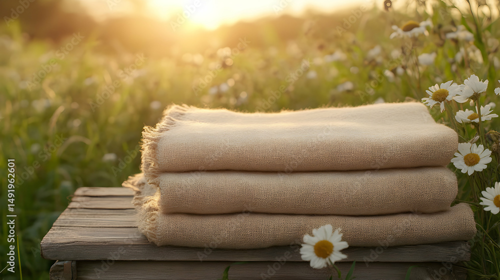 Cozy Comforts: A Stack of Blankets in a Serene Natural Setting at Sunrise Cozy Comforts: A Stack of Blankets in a Serene Natural Setting at Sunrise
