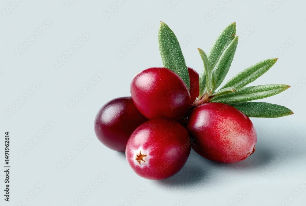 Four Red Cranberries with Green Leaves on Light Blue Background Four Red Cranberries with Green Leaves on Light Blue Background