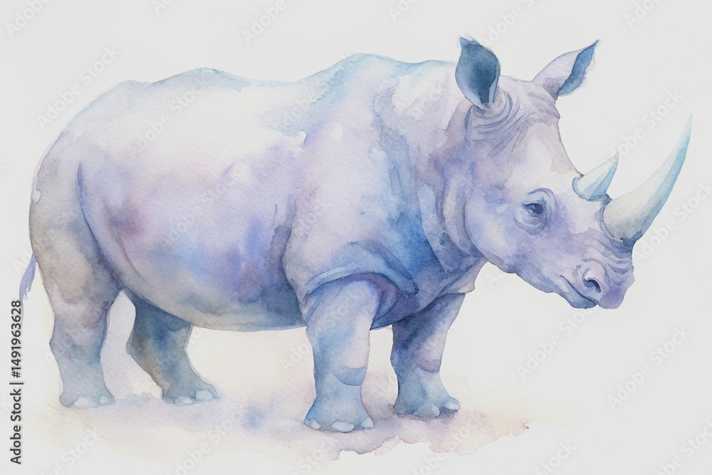 Obraz premium Elegant watercolor painting of a majestic rhinoceros standing on a soft white background