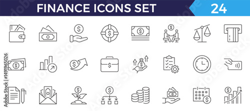 Finance line web icons Money and Coins. Cash, Credit Cards, Money Bag, Containing banking, Investment, income, accounting, money, loan.