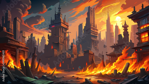 A city ablaze against an apocalyptic sunset ruins aflame with a palette of intense orange and red