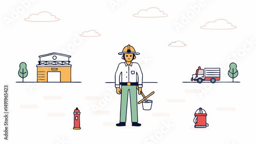 A dedicated firefighter ready for action protecting our community with fire truck illustration on