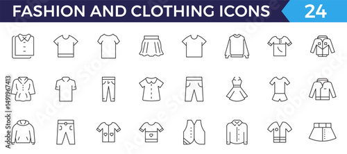 Clothes web line icons. Fashion icons. T-shirt, Pants, Jacket, Dress, Short, Shoe, Shirt symbols. vector illustrations.