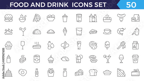 Food and Drink Line Editable Icons set. Vector illustration in thin line style of nutrition related icons: vegetables, fruits, desserts, meat, baked goods,