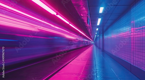 Wallpaper Mural Neon-lit train tunnel, vibrant colors Torontodigital.ca