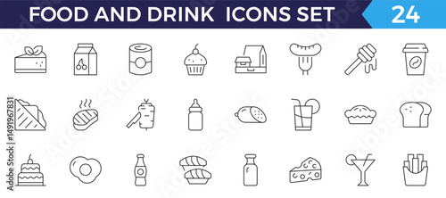 Food and Drink Line Editable Icons set. Vector illustration in thin line style of nutrition related icons: vegetables, fruits, desserts, meat, baked goods,
