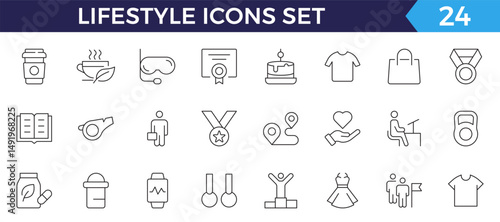Lifestyle icon set. Containing healthy lifestyle, diet, exercise, sleep, relationships, running, routine, self-care, culture and hobbies icons. Editable stroke outline icon.