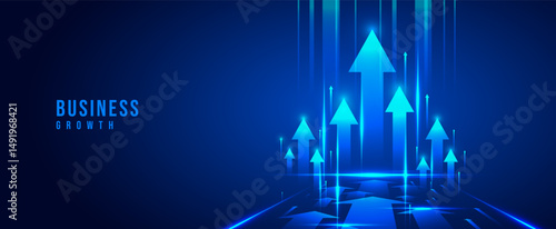 Business growth arrow on dark blue technology background with perspective speed light effect for presentation