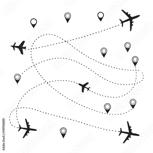 Airplane dotted route line set. Path travel line shapes. Flight route with start point and dash line trace for plane flat style plane icon from start pin point to finish isolated on white background.A