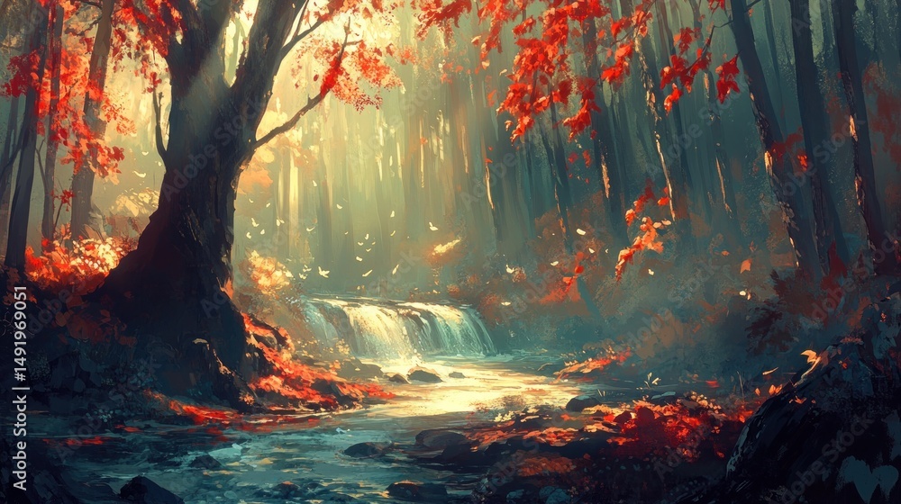 Fototapeta premium Sunlit autumn forest stream, red leaves, cascading waterfall.