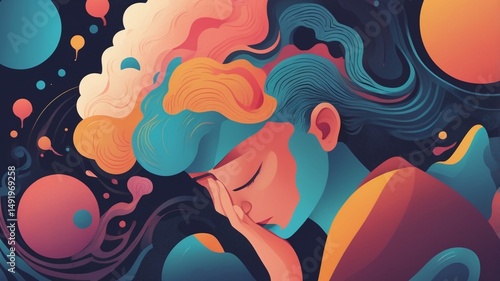 Troubled individual immersed in vibrant thoughts